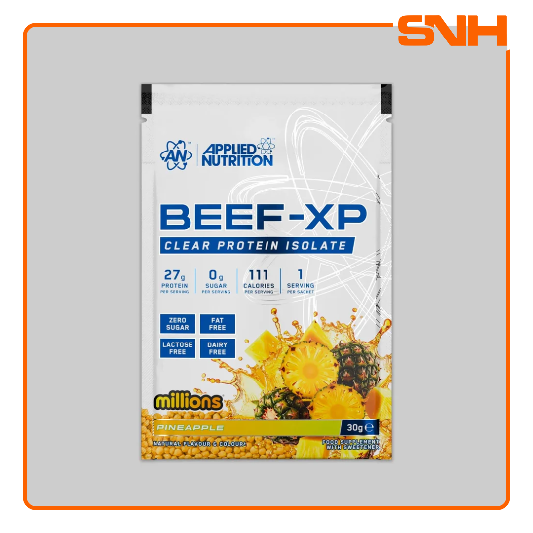 Applied Nutrition Beef-XP Clear Beef Protein Sample Sachet, UK-made halal dairy-free clear isolate protein sample with 27g hydrolysed beef