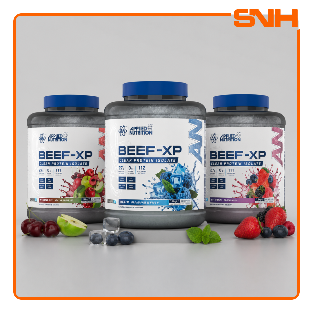 Applied Nutrition Beef-XP Clear Beef Protein Isolate tub, UK-made halal dairy-free clear isolate protein with 27g hydrolysed beef per serving