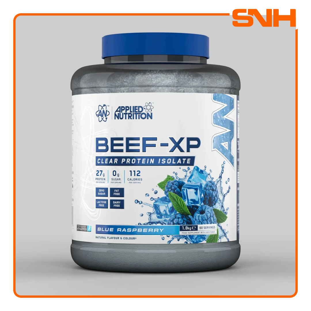 Applied Nutrition Beef-XP Clear Beef Protein Isolate tub, UK-made halal dairy-free clear isolate protein with 27g hydrolysed beef per serving
