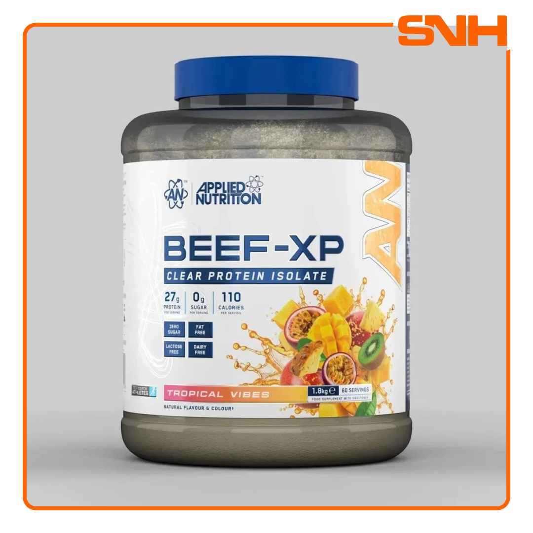 Applied Nutrition Beef-XP Clear Beef Protein Isolate tub, UK-made halal dairy-free clear isolate protein with 27g hydrolysed beef per serving