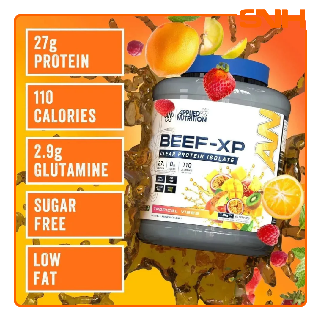 Applied Nutrition Beef-XP Clear Beef Protein Isolate tub, UK-made halal dairy-free clear isolate protein with 27g hydrolysed beef per serving
