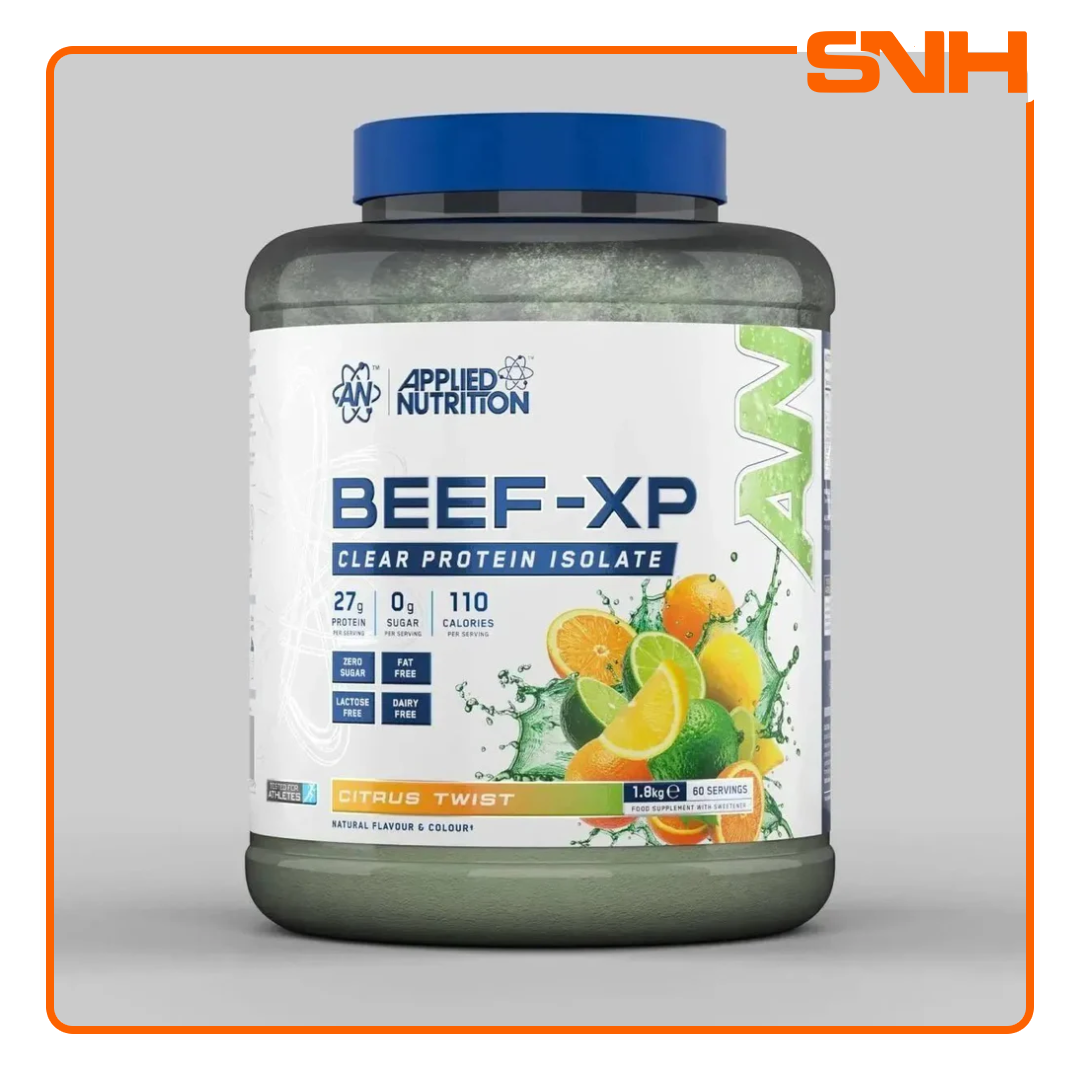 Applied Nutrition Beef-XP Clear Beef Protein Isolate tub, UK-made halal dairy-free clear isolate protein with 27g hydrolysed beef per serving