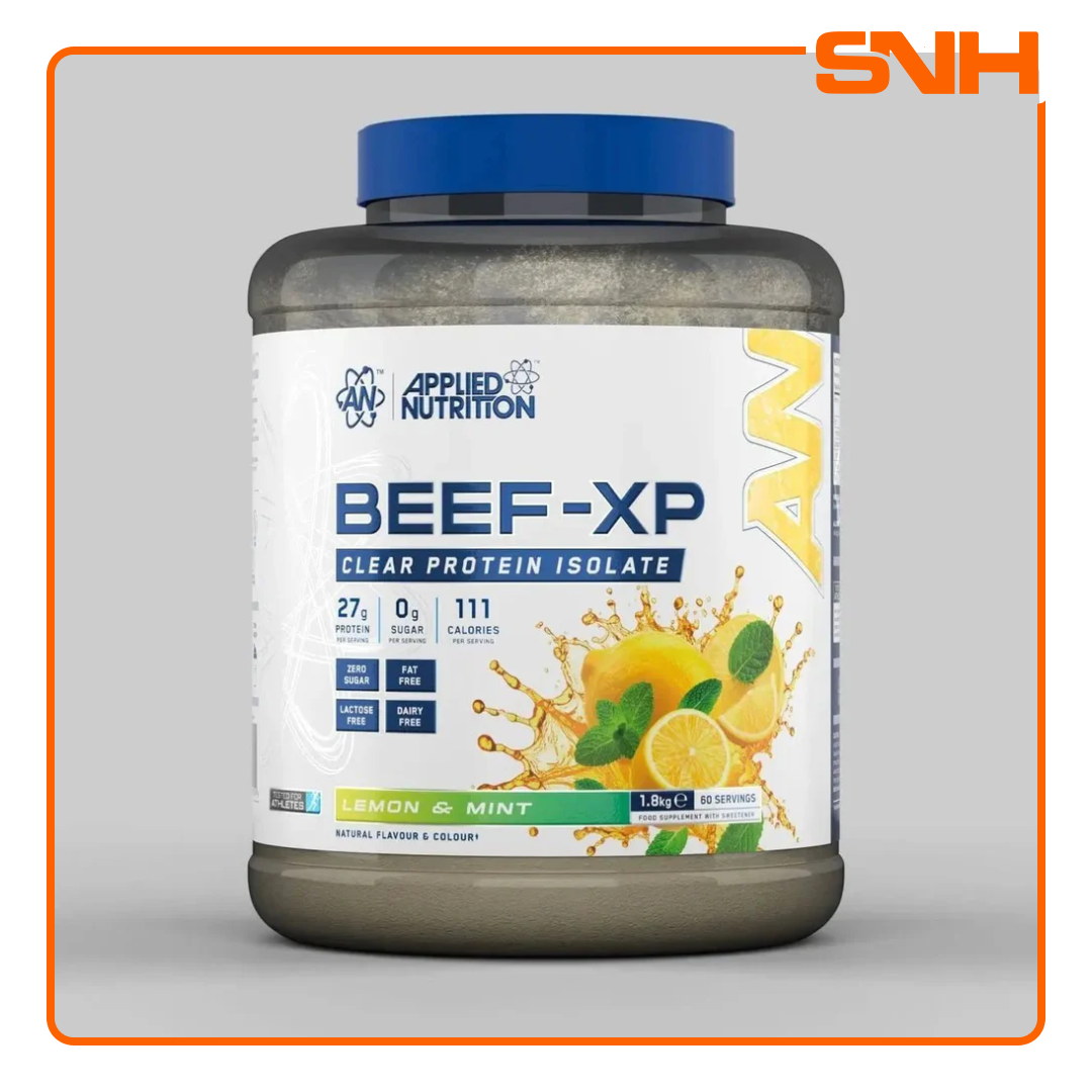 Applied Nutrition Beef-XP Clear Beef Protein Isolate tub, UK-made halal dairy-free clear isolate protein with 27g hydrolysed beef per serving
