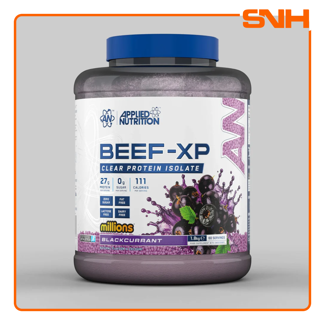 Applied Nutrition Beef-XP Clear Beef Protein Isolate tub, UK-made halal dairy-free clear isolate protein with 27g hydrolysed beef per serving