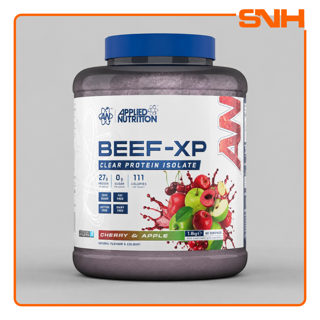 Applied Nutrition Beef-XP Clear Beef Protein Isolate tub, UK-made halal dairy-free clear isolate protein with 27g hydrolysed beef per serving