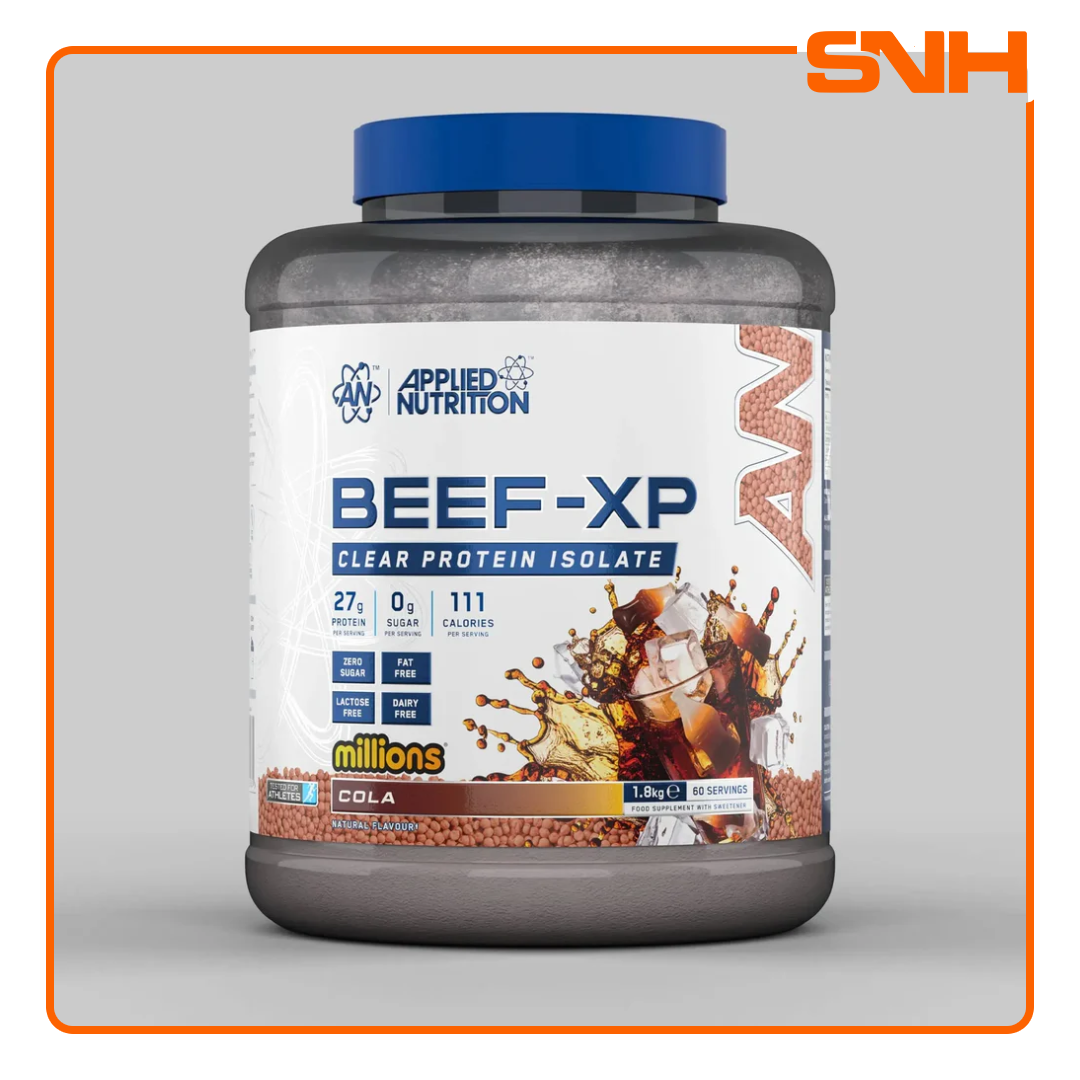 Applied Nutrition Beef-XP Clear Beef Protein Isolate tub, UK-made halal dairy-free clear isolate protein with 27g hydrolysed beef per serving