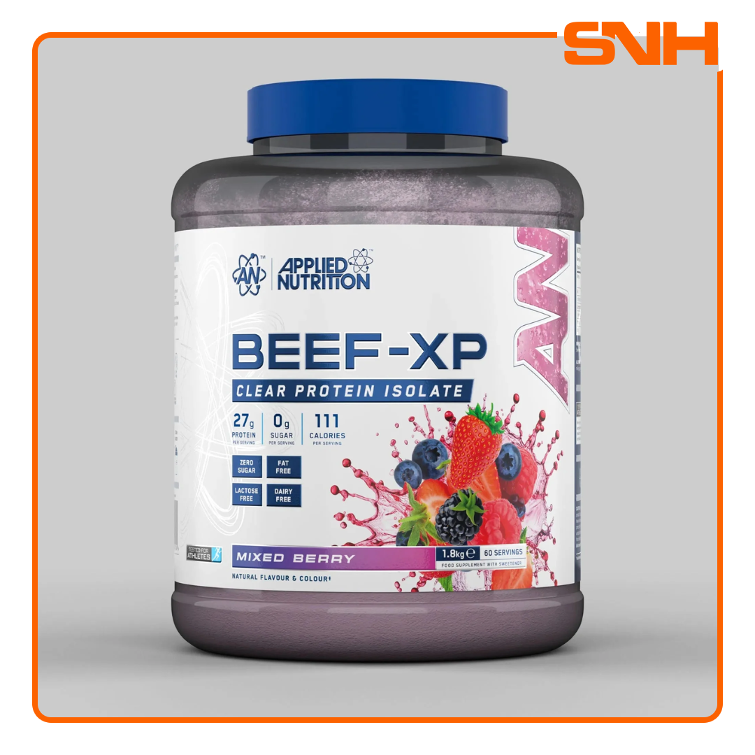 Applied Nutrition Beef-XP Clear Beef Protein Isolate tub, UK-made halal dairy-free clear isolate protein with 27g hydrolysed beef per serving