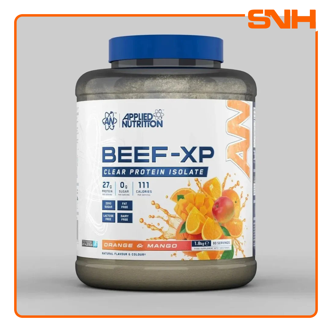 Applied Nutrition Beef-XP Clear Beef Protein Isolate tub, UK-made halal dairy-free clear isolate protein with 27g hydrolysed beef per serving