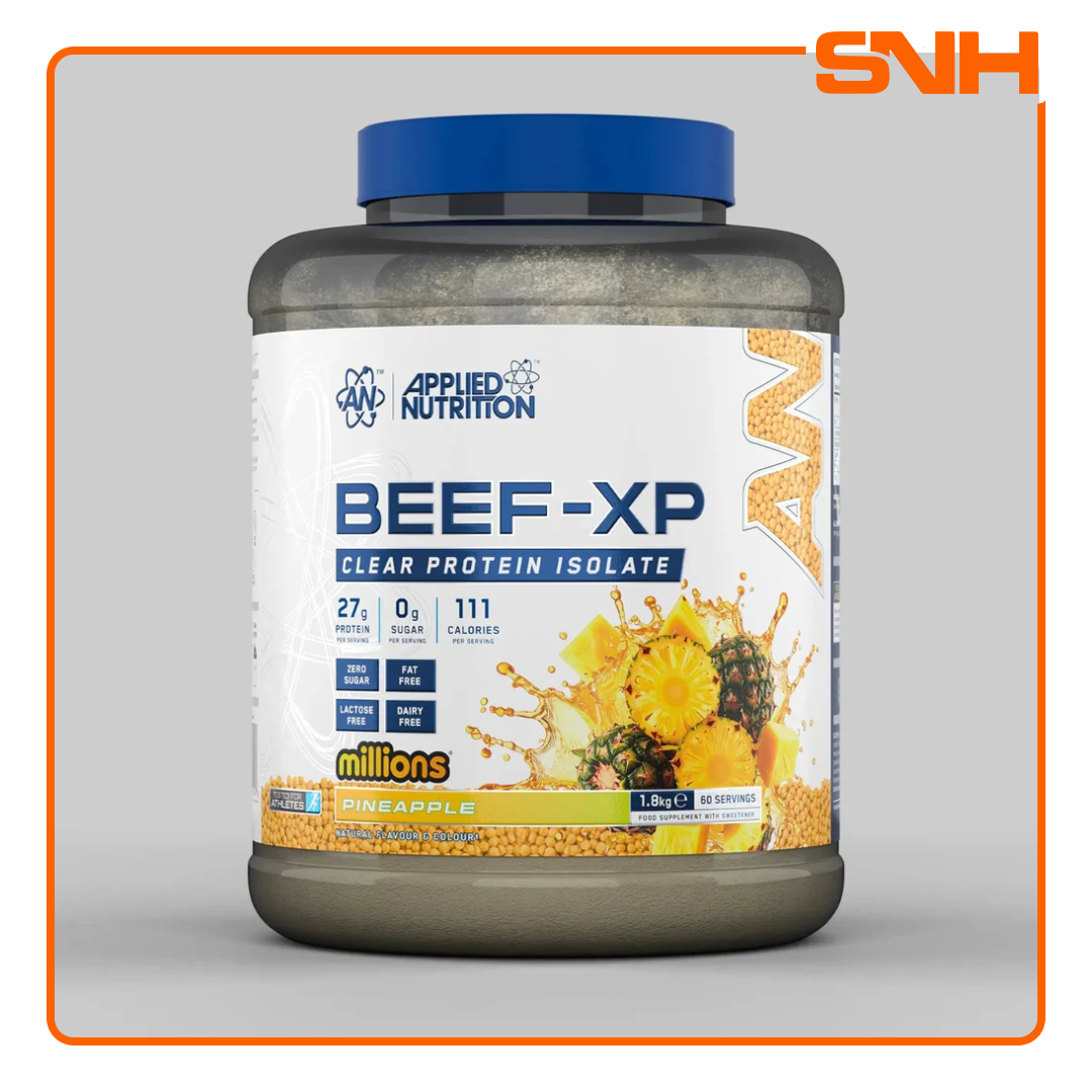Applied Nutrition Beef-XP Clear Beef Protein Isolate tub, UK-made halal dairy-free clear isolate protein with 27g hydrolysed beef per serving
