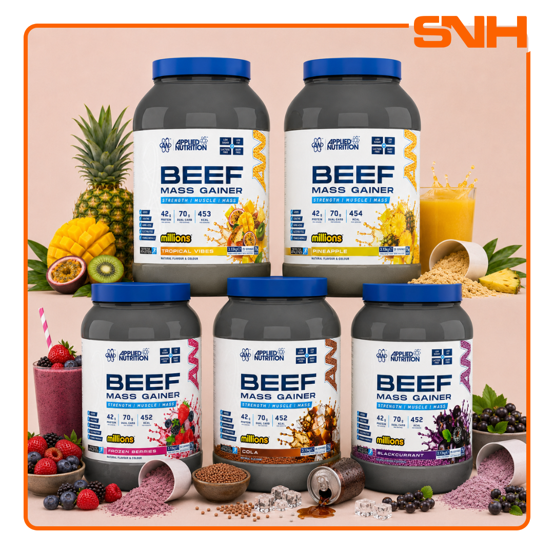Applied Nutrition Beef Mass Gainer 3.13kg tub, UK-made halal dairy-free mass gainer with 42g beef protein isolate and 3g creatine per serving
