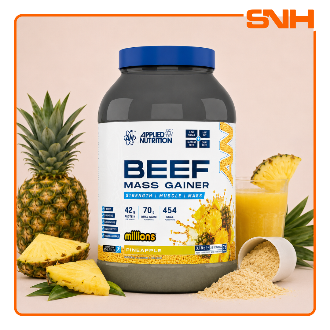 Applied Nutrition Beef Mass Gainer 3.13kg tub, UK-made halal dairy-free mass gainer with 42g beef protein isolate and 3g creatine per serving