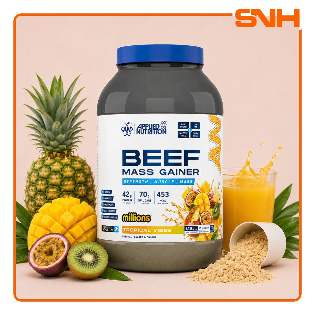 Applied Nutrition Beef Mass Gainer 3.13kg tub, UK-made halal dairy-free mass gainer with 42g beef protein isolate and 3g creatine per serving