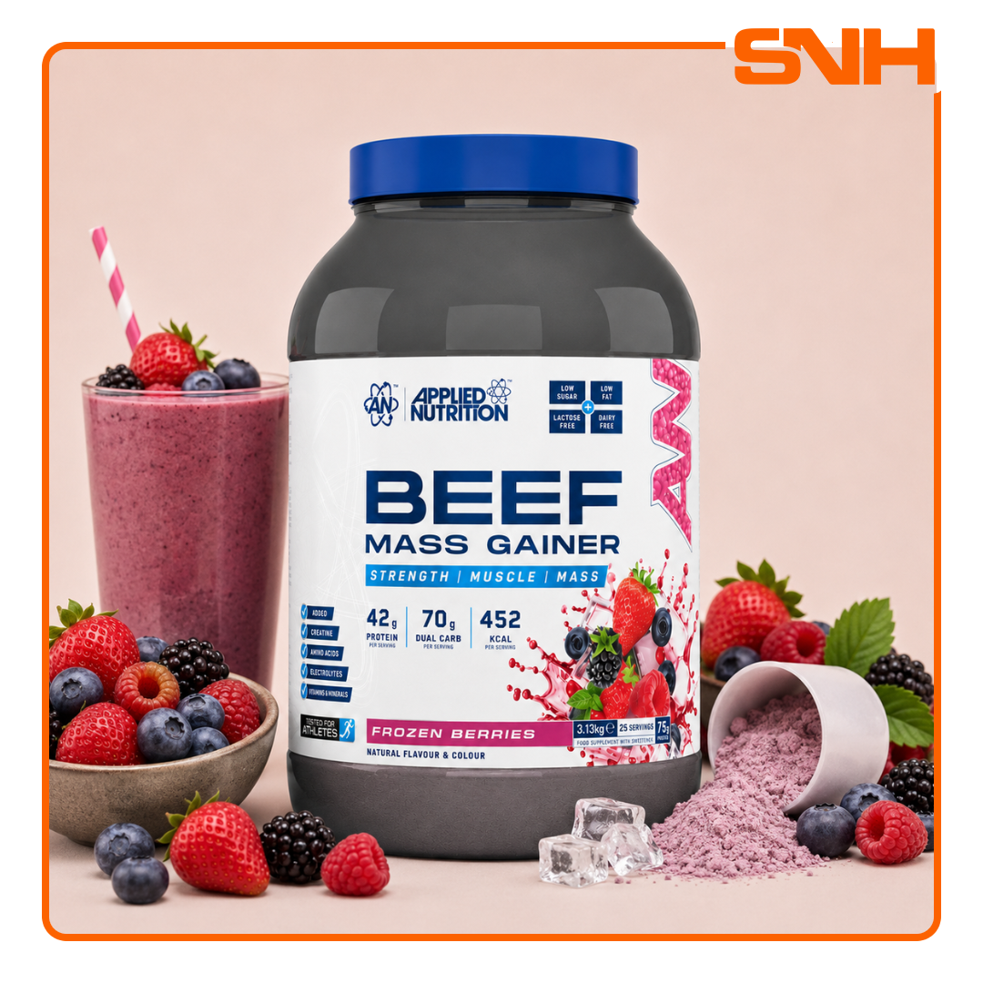 Applied Nutrition Beef Mass Gainer 3.13kg tub, UK-made halal dairy-free mass gainer with 42g beef protein isolate and 3g creatine per serving
