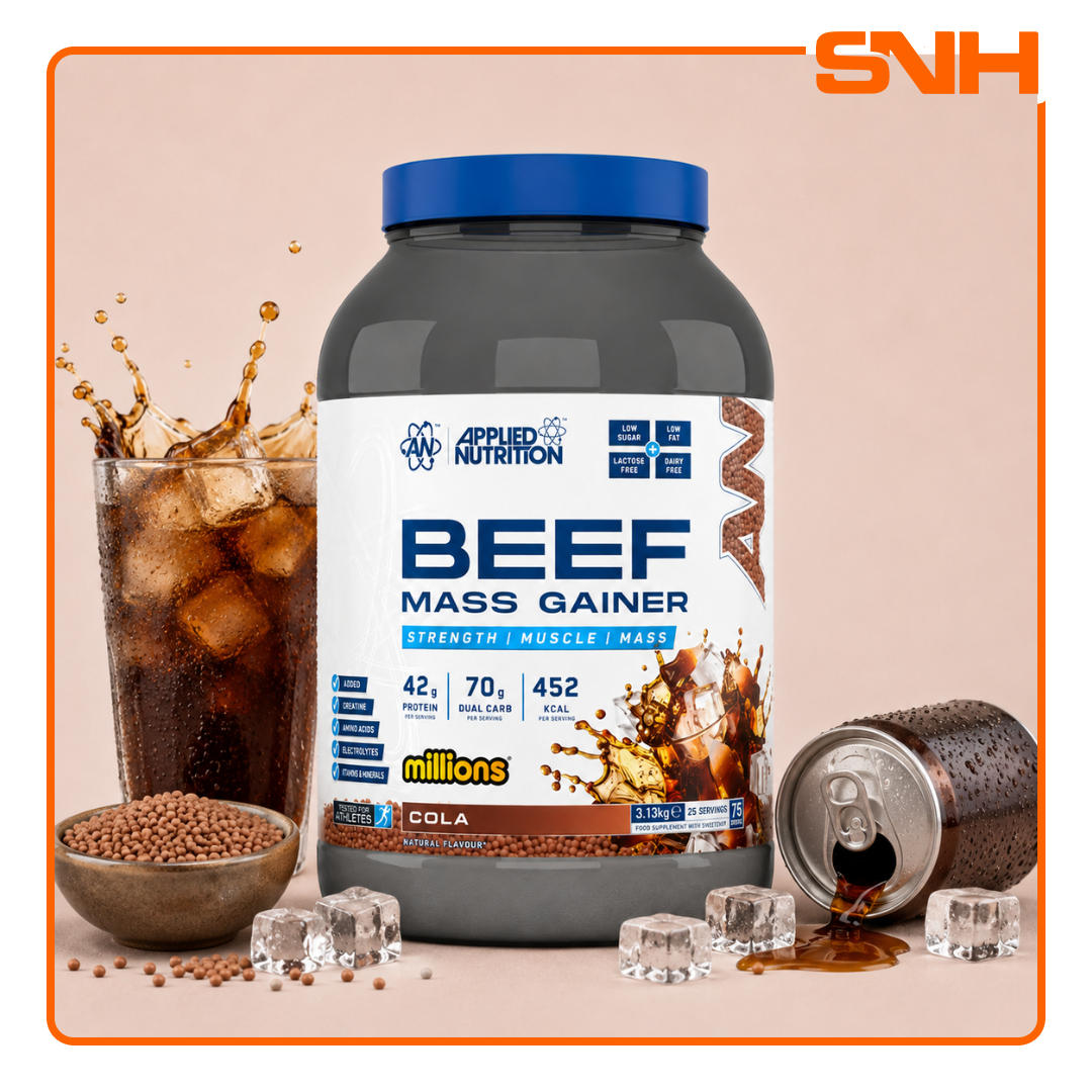 Applied Nutrition Beef Mass Gainer 3.13kg tub, UK-made halal dairy-free mass gainer with 42g beef protein isolate and 3g creatine per serving