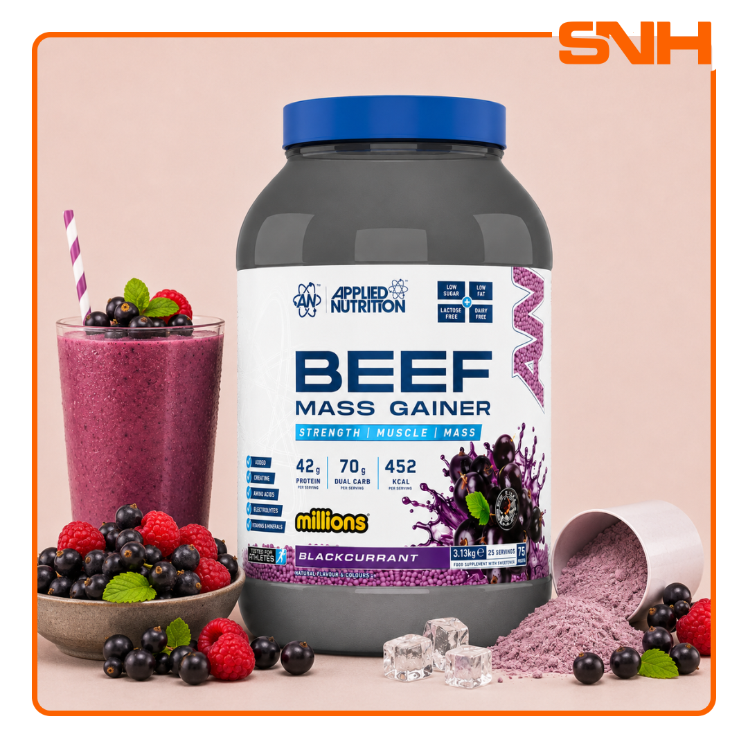 Applied Nutrition Beef Mass Gainer 3.13kg tub, UK-made halal dairy-free mass gainer with 42g beef protein isolate and 3g creatine per serving