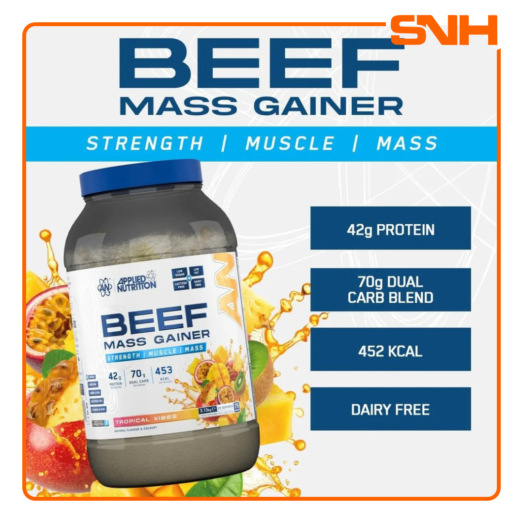 Applied Nutrition Beef Mass Gainer 3.13kg tub, UK-made halal dairy-free mass gainer with 42g beef protein isolate and 3g creatine per serving