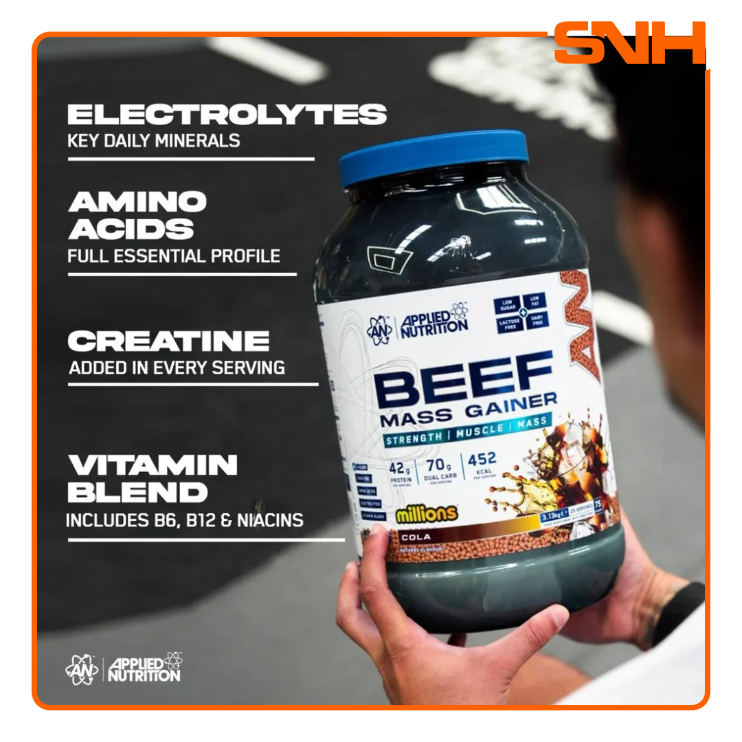 Applied Nutrition Beef Mass Gainer 3.13kg tub, UK-made halal dairy-free mass gainer with 42g beef protein isolate and 3g creatine per serving