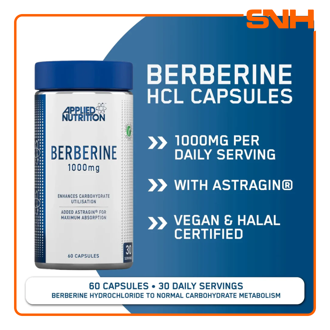 Applied Nutrition Berberine 1000mg capsules bottle, UK-made high-strength berberine supplement for blood sugar, weight, and heart support