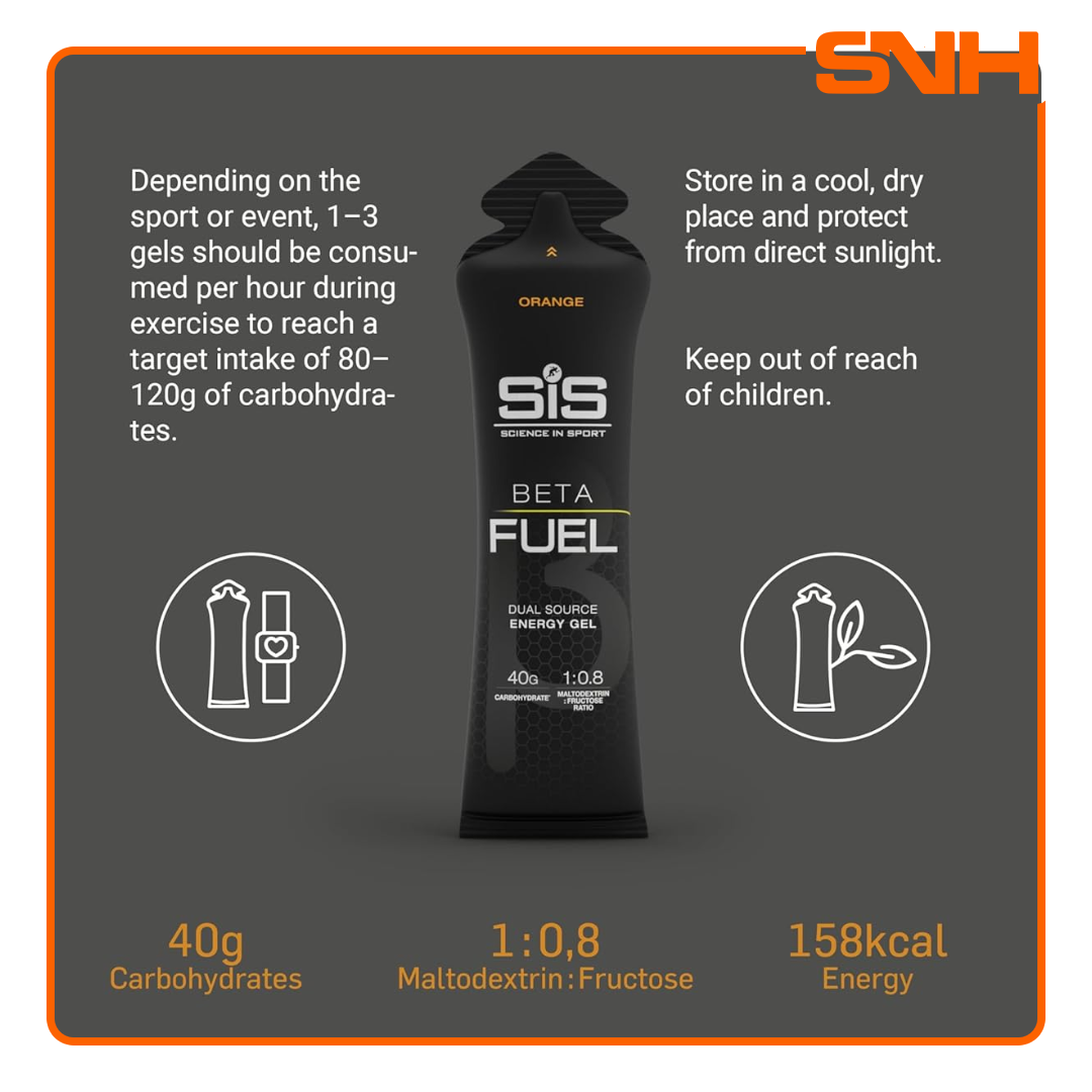 Science In Sport Beta Fuel energy gels, UK-made high-carbohydrate endurance gel with 40g dual-source carbs per sachet