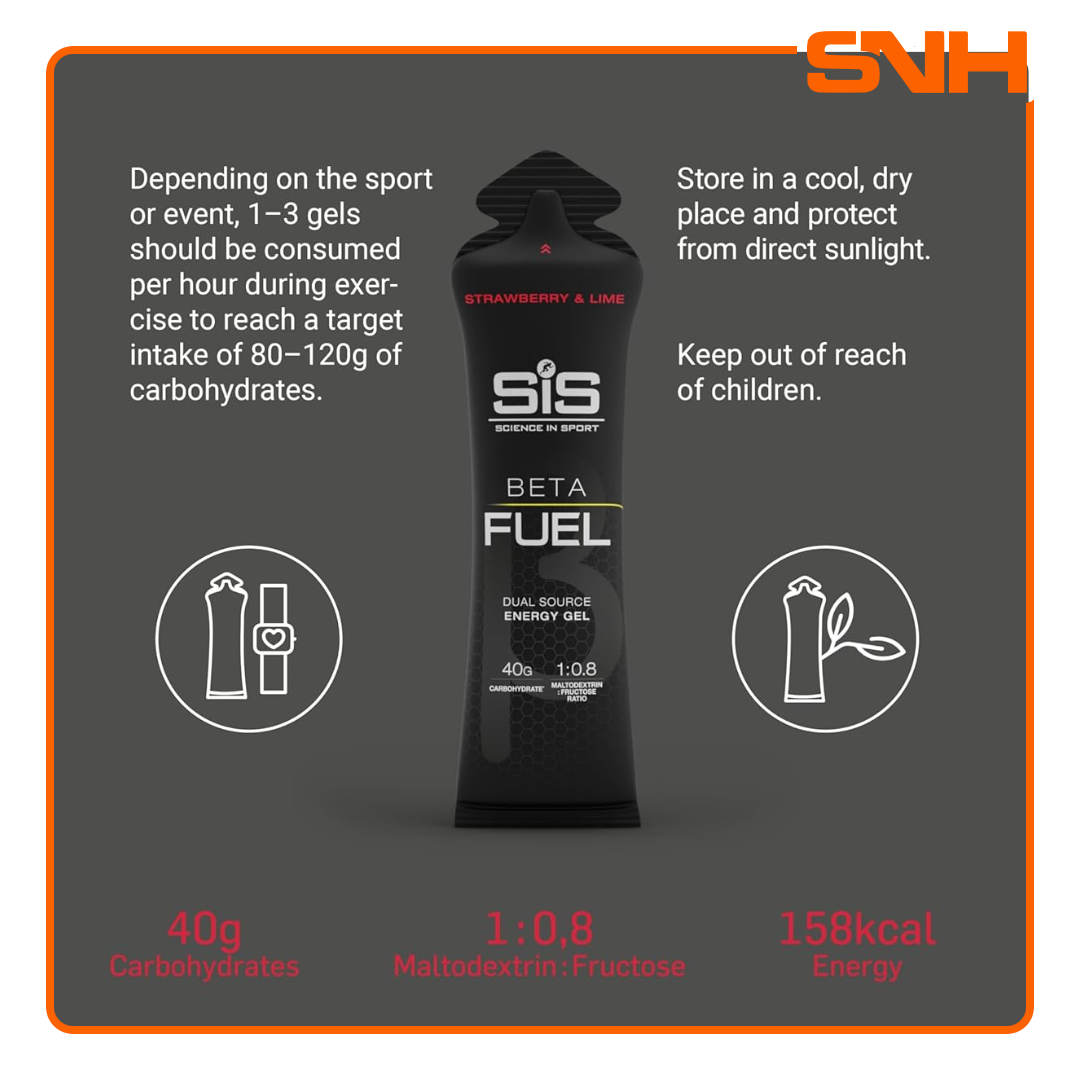 Science In Sport Beta Fuel energy gels, UK-made high-carbohydrate endurance gel with 40g dual-source carbs per sachet