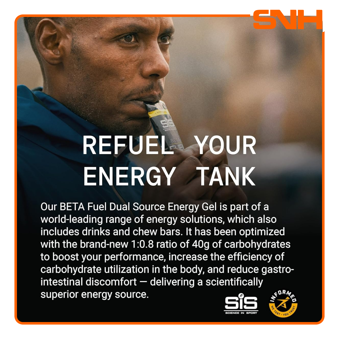 Science In Sport Beta Fuel energy gels, UK-made high-carbohydrate endurance gel with 40g dual-source carbs per sachet
