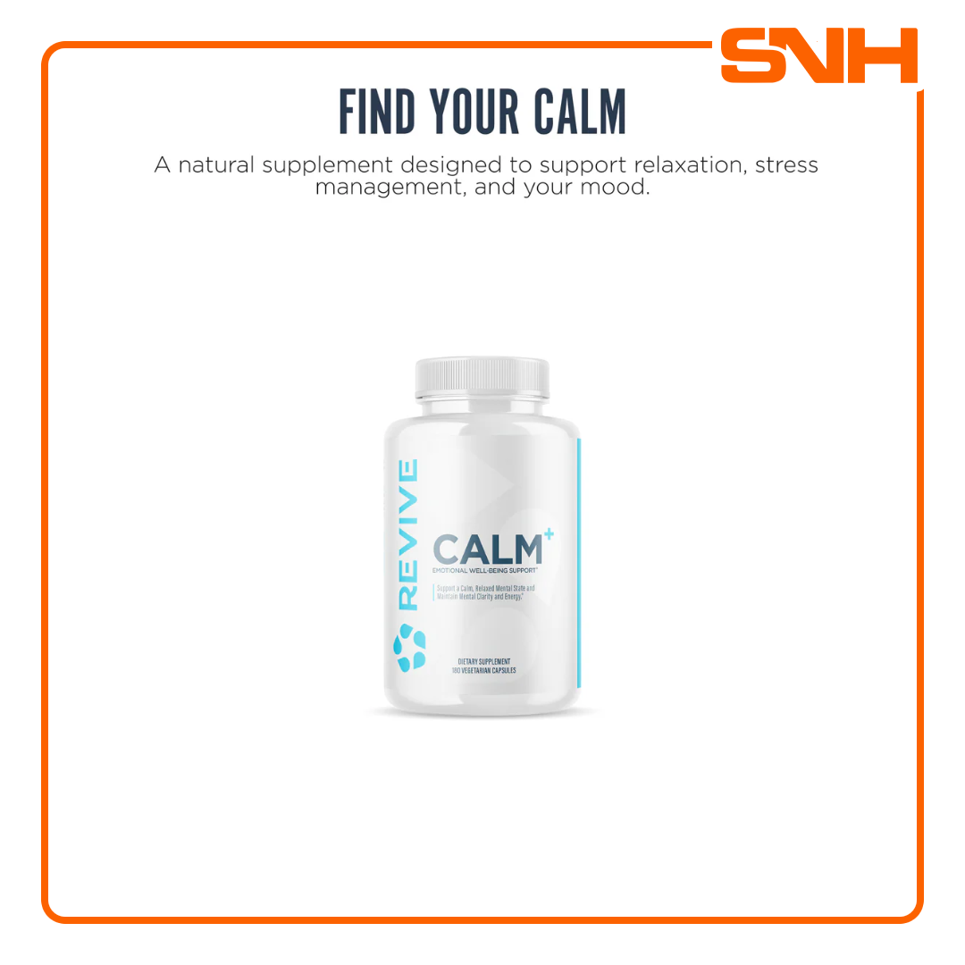Revive Calm+ cortisol reducer supplement bottle, US-made physician-formulated stress and cortisol support daily capsules