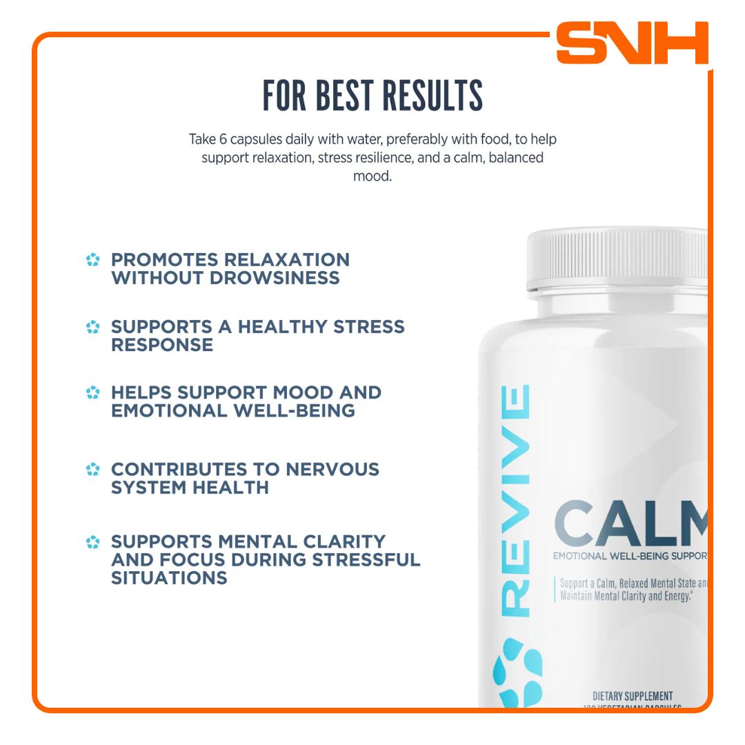 Revive Calm+ cortisol reducer supplement bottle, US-made physician-formulated stress and cortisol support daily capsules