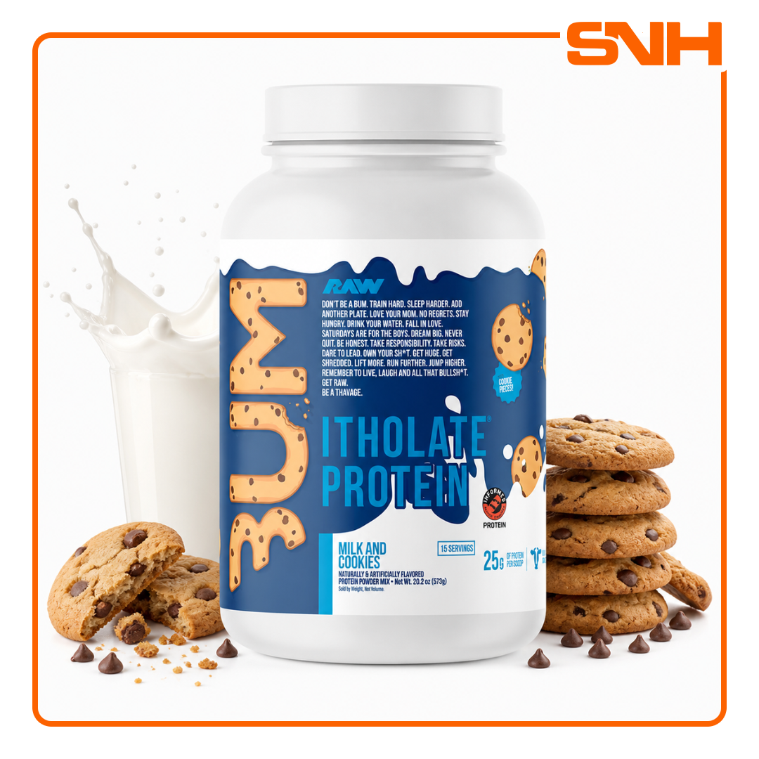 RAW Nutrition CBUM Itholate Protein tub, US-made micro-filtered whey isolate protein with 25g per scoop, formulated by Chris Bumstead