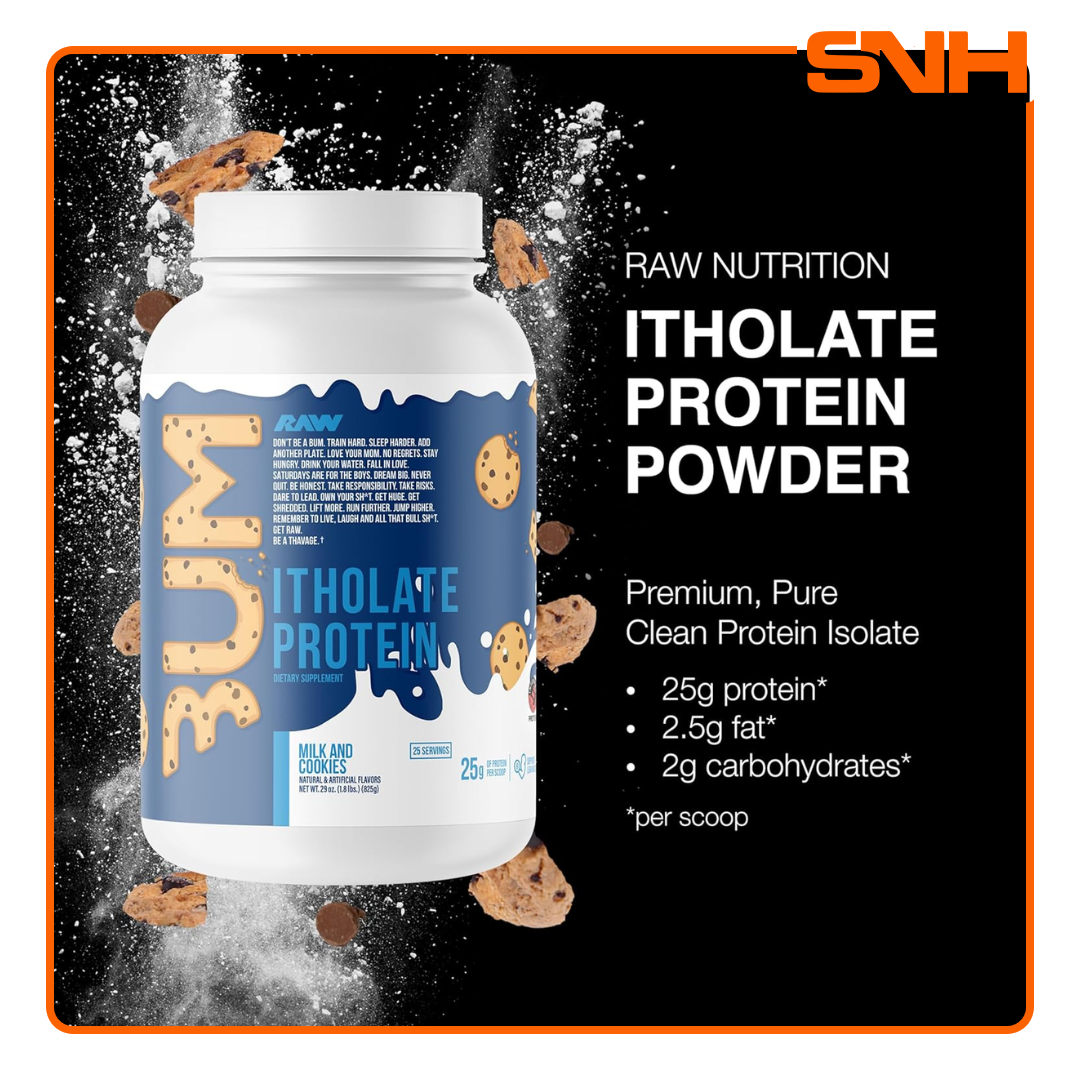 RAW Nutrition CBUM Itholate Protein tub, US-made micro-filtered whey isolate protein with 25g per scoop, formulated by Chris Bumstead