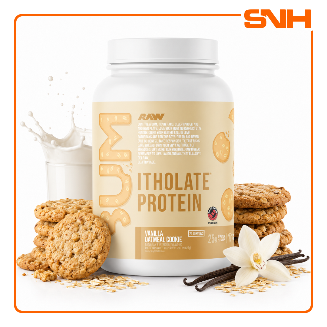 RAW Nutrition CBUM Itholate Protein tub, US-made micro-filtered whey isolate protein with 25g per scoop, formulated by Chris Bumstead