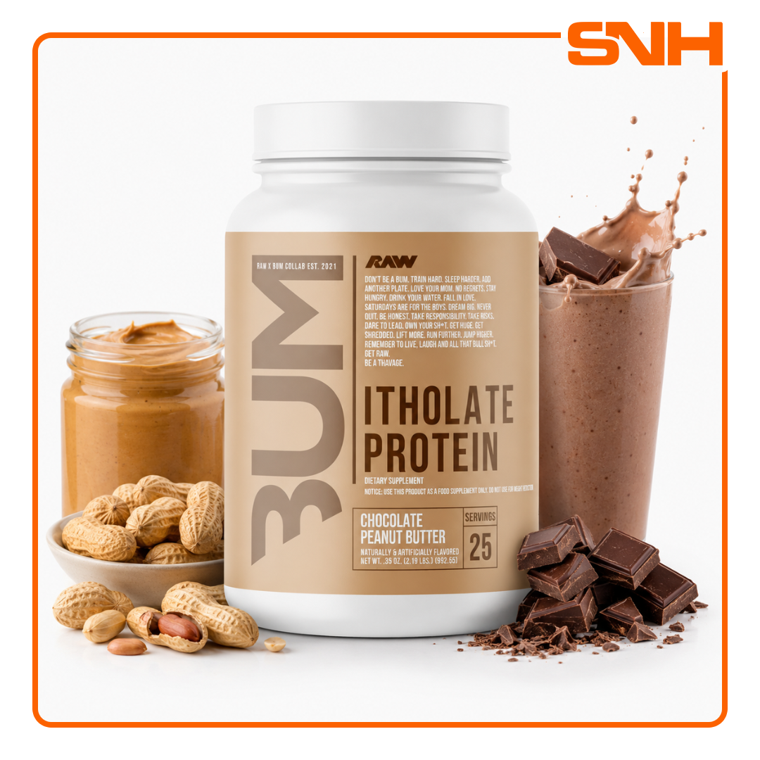 RAW Nutrition CBUM Itholate Protein tub, US-made micro-filtered whey isolate protein with 25g per scoop, formulated by Chris Bumstead