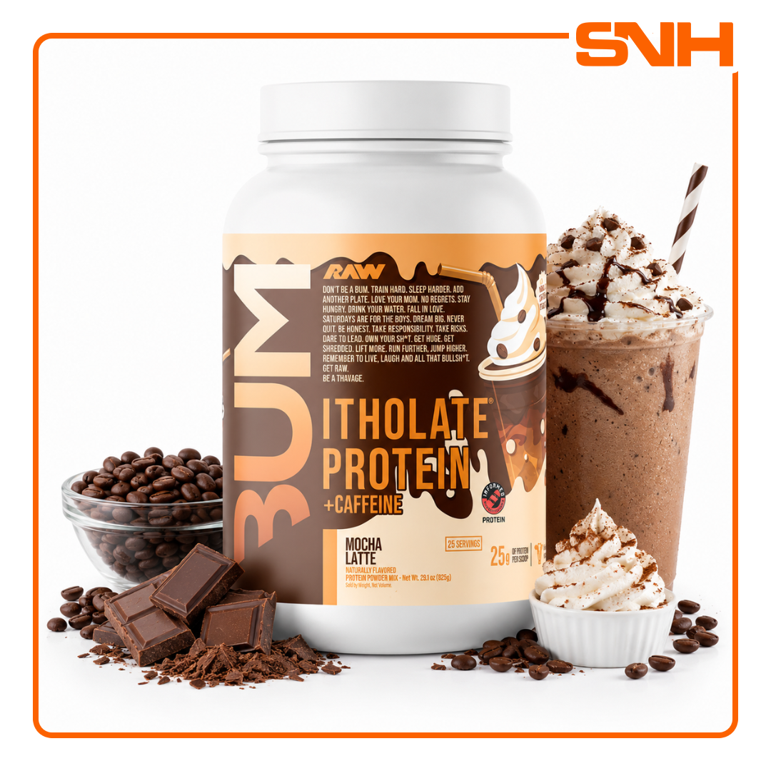 RAW Nutrition CBUM Itholate Protein tub, US-made micro-filtered whey isolate protein with 25g per scoop, formulated by Chris Bumstead