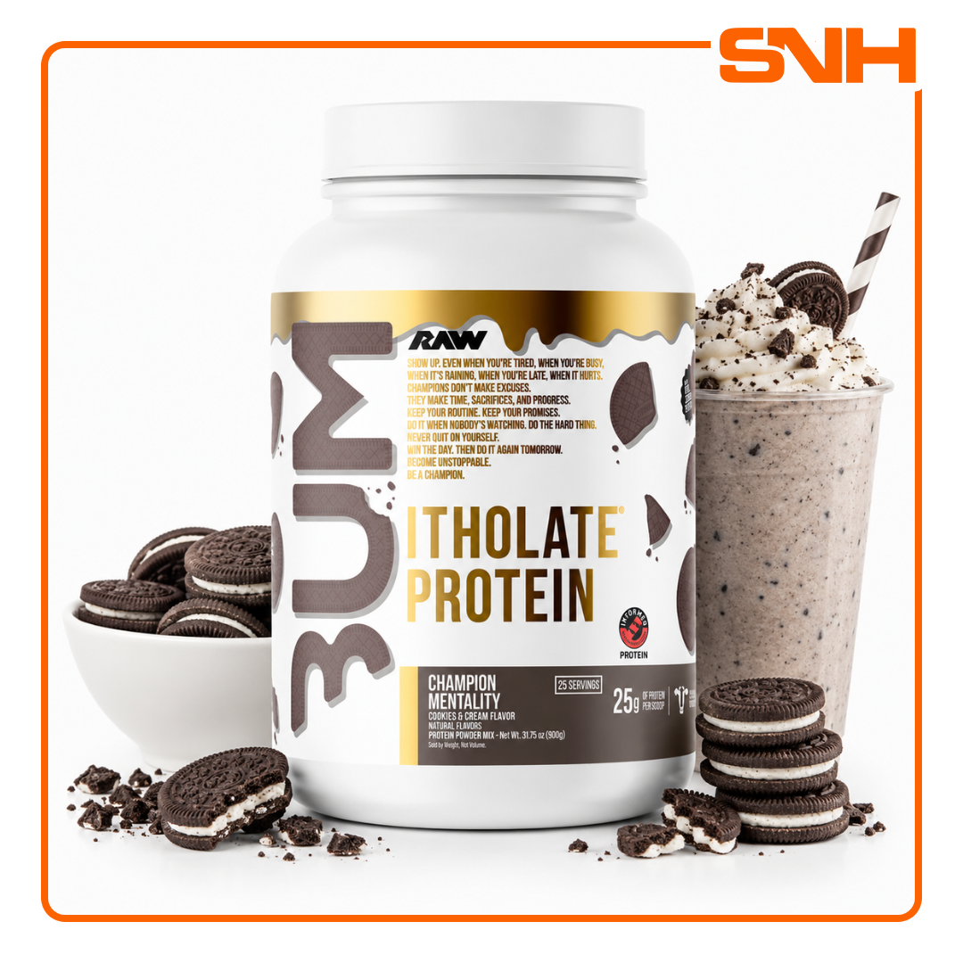 RAW Nutrition CBUM Itholate Protein tub, US-made micro-filtered whey isolate protein with 25g per scoop, formulated by Chris Bumstead