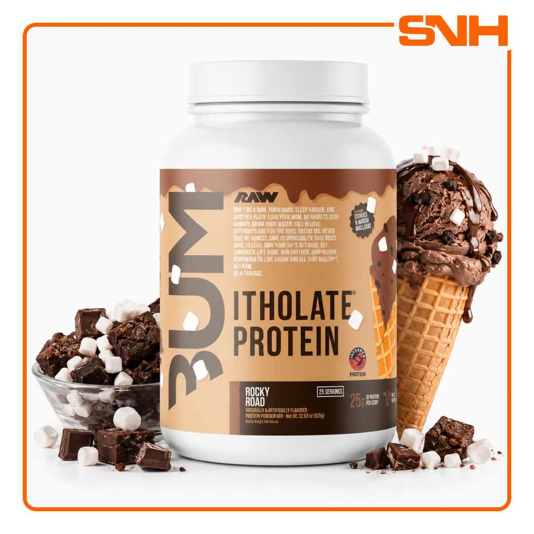RAW Nutrition CBUM Itholate Protein tub, US-made micro-filtered whey isolate protein with 25g per scoop, formulated by Chris Bumstead