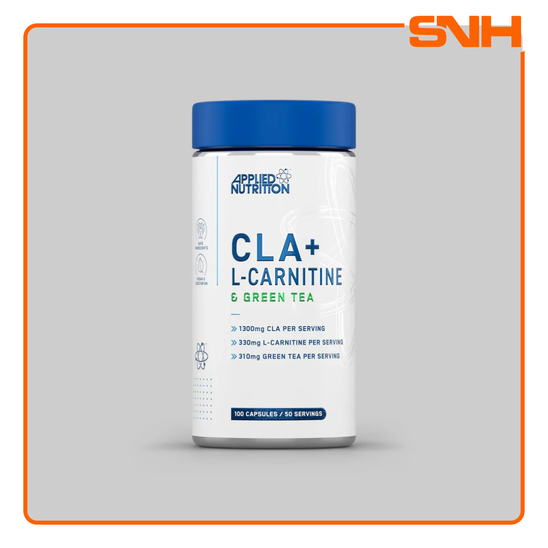 Applied Nutrition CLA, L-Carnitine & Green Tea bottle, UK-made halal triple-action energy boost and fat burn capsules in veggie shell