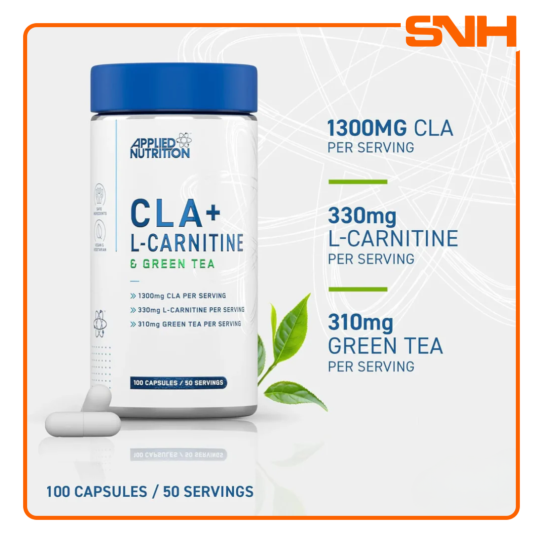 Applied Nutrition CLA, L-Carnitine & Green Tea bottle, UK-made halal triple-action energy boost and fat burn capsules in veggie shell
