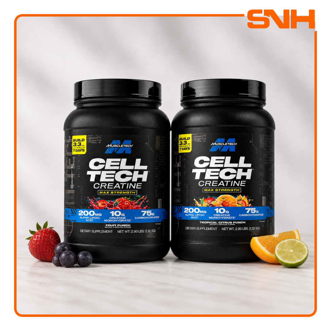 MuscleTech Cell-Tech Creatine and Carbs tub, US-made HPLC-tested daily creatine-and-carb muscle-builder with 10g creatine per serving