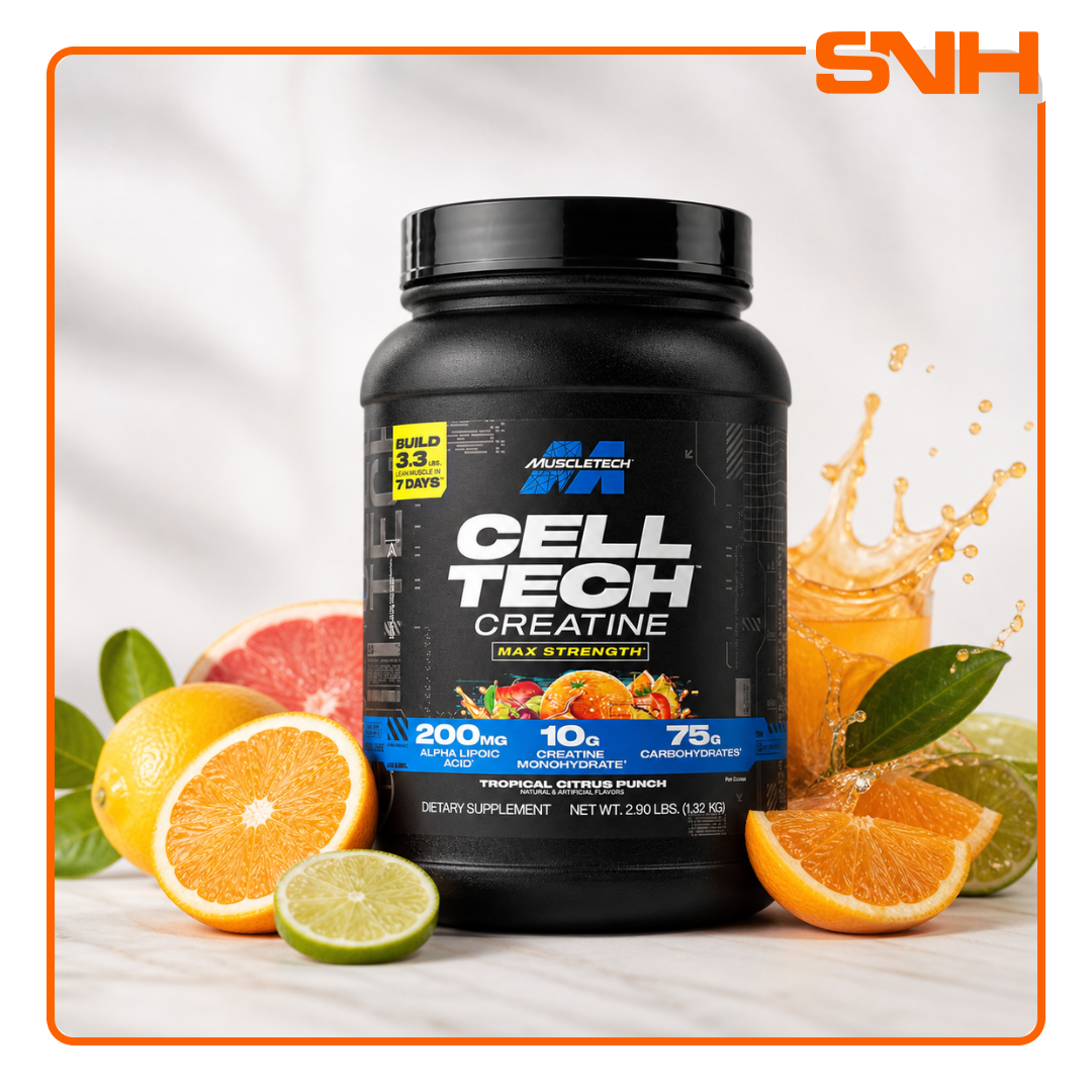MuscleTech Cell-Tech Creatine and Carbs tub, US-made HPLC-tested daily creatine-and-carb muscle-builder with 10g creatine per serving