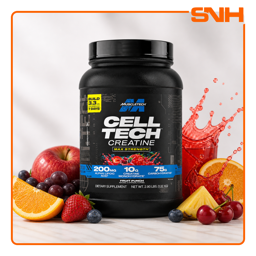 MuscleTech Cell-Tech Creatine and Carbs tub, US-made HPLC-tested daily creatine-and-carb muscle-builder with 10g creatine per serving
