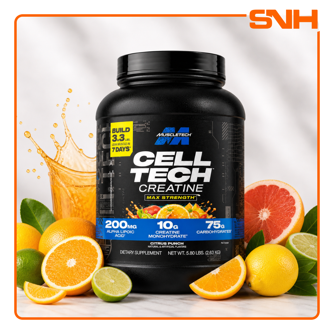 MuscleTech Cell-Tech Creatine and Carbs tub, US-made HPLC-tested daily creatine-and-carb muscle-builder with 10g creatine per serving