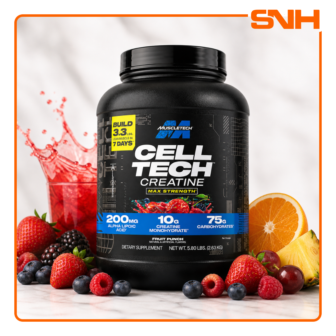 MuscleTech Cell-Tech Creatine and Carbs tub, US-made HPLC-tested daily creatine-and-carb muscle-builder with 10g creatine per serving