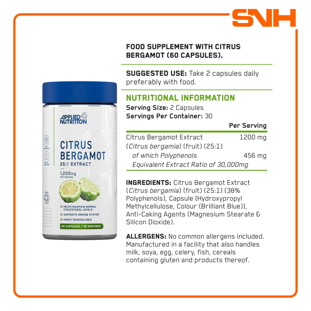 Applied Nutrition Citrus Bergamot capsules, UK-made Informed Sport certified cholesterol supplement with 25:1 extract and 38% polyphenols