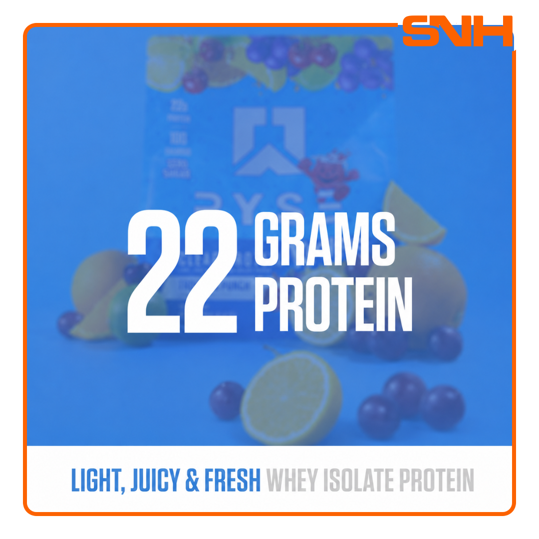 RYSE Clear Protein tub, US-made premium clear isolate protein with whey isolate base in a refreshing juice-like format for daily protein