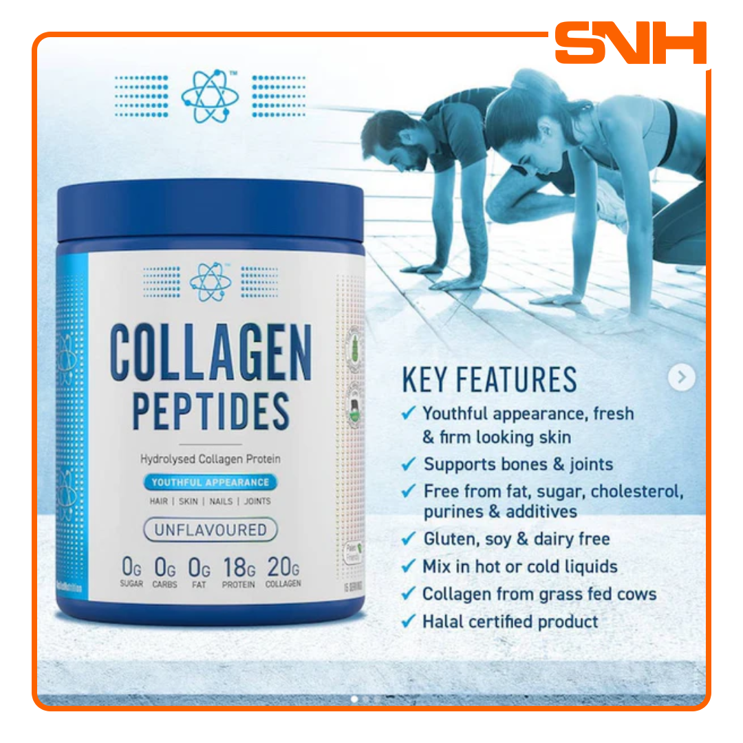 Applied Nutrition Collagen Peptides 300g tub, UK-made halal pure hydrolysed bovine collagen supplement with 20g per serving and neutral flavour