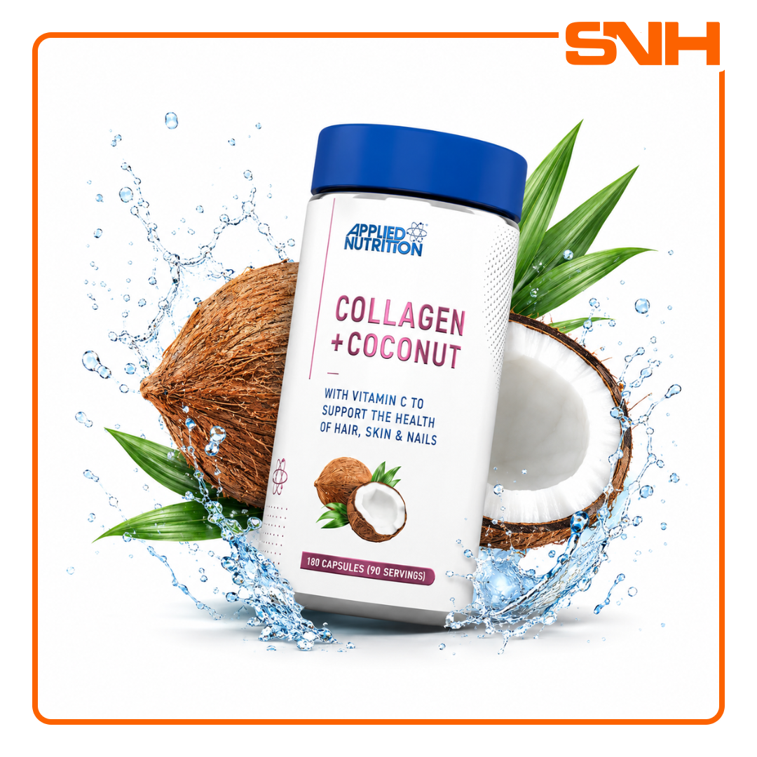 Applied Nutrition Collagen + Coconut capsules, UK-made marine collagen supplement with vitamin C and coconut oil powder for skin and joints