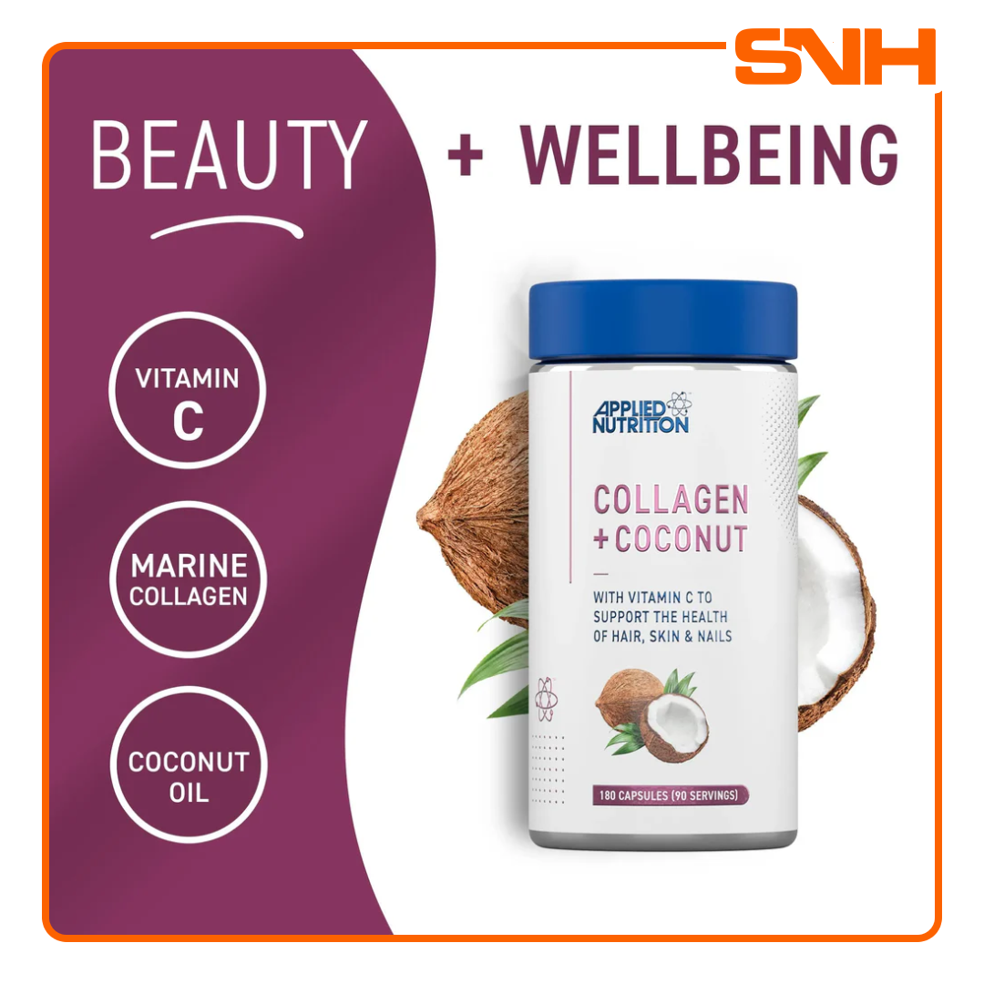 Applied Nutrition Collagen + Coconut capsules, UK-made marine collagen supplement with vitamin C and coconut oil powder for skin and joints