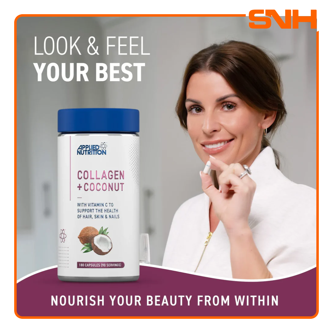 Applied Nutrition Collagen + Coconut capsules, UK-made marine collagen supplement with vitamin C and coconut oil powder for skin and joints