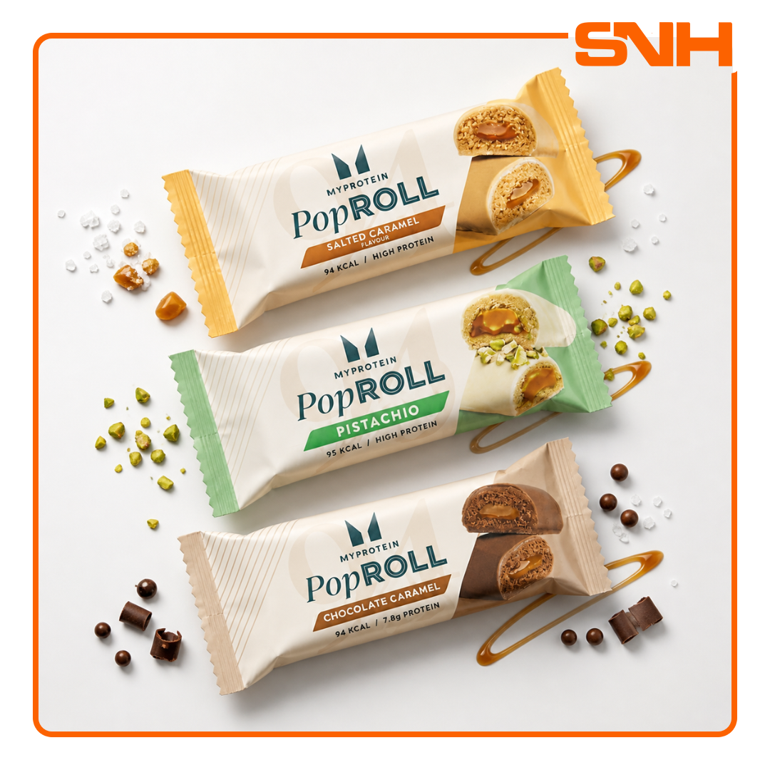 Myprotein Pop Roll Protein Snack with soft chewy dough, gooey filling and flavoured coating — high-protein under-100-calorie snack.