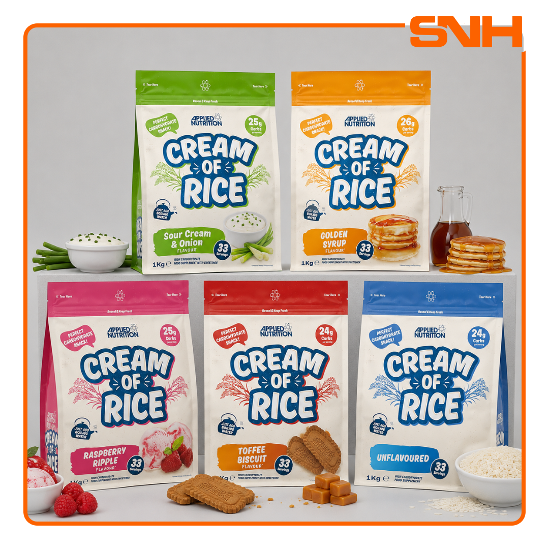 Applied Nutrition Cream of Rice tub, UK-made vegan-friendly carb snack with easy-digesting complex carbohydrates for pre-workout fuel