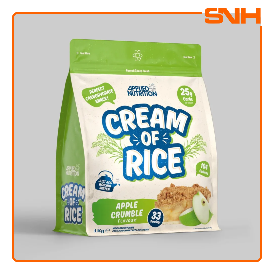 Applied Nutrition Cream of Rice tub, UK-made vegan-friendly carb snack with easy-digesting complex carbohydrates for pre-workout fuel
